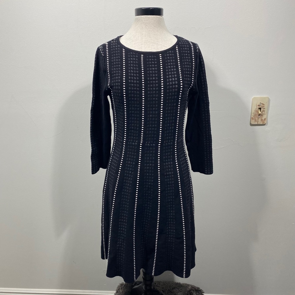 Metaphor Womens Large Black White Striped Dot Knit Fit Flare Sweater Dress